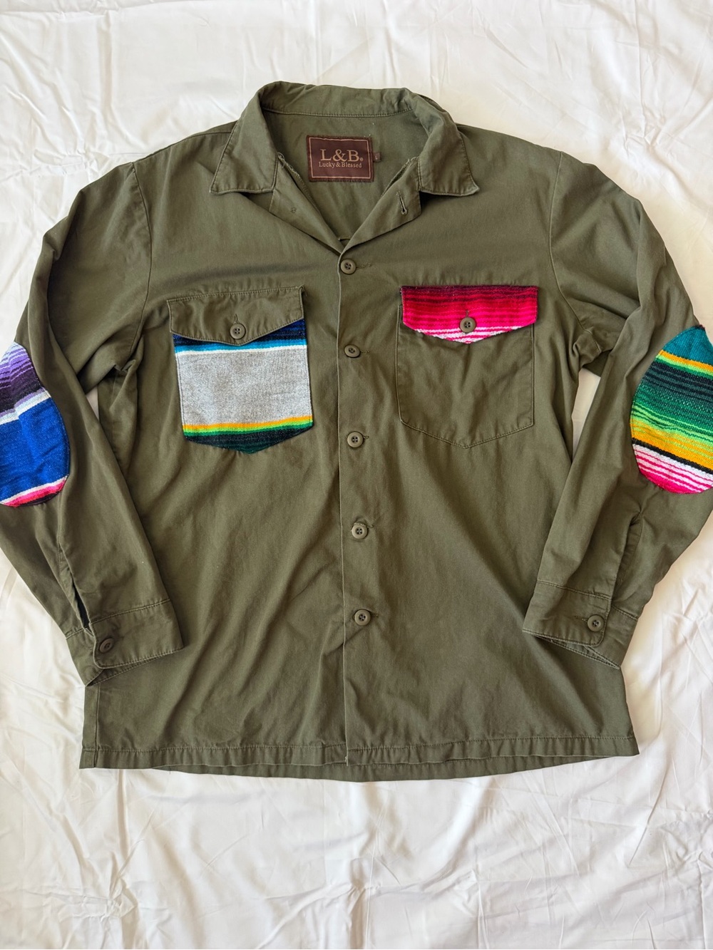 Lucky & Blessed Serape Cactus Women’s Shirt Size L Olive Green Western Button Up